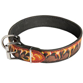 Buckle Leather Dog Collar with Fire Flames for Samoyed