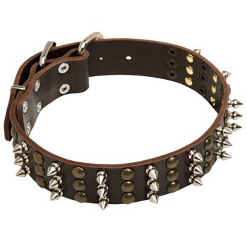 Samoyed Handmade Leather Collar 3  Studs and Spikes Rows