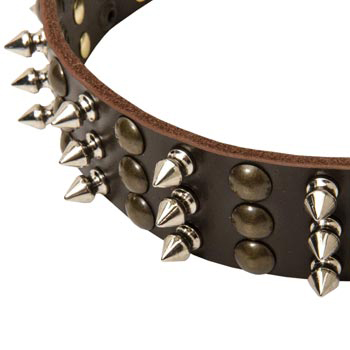 3 Rows of Spikes and Studs Decorative Samoyed  Leather Collar