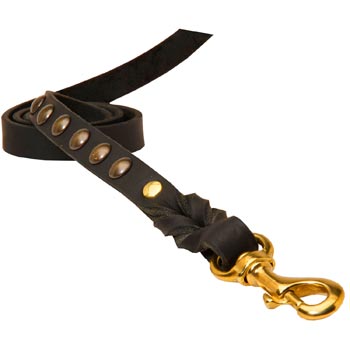 Leather Dog Leash Studded Equipped with Strong Brass Snap Hook for Samoyed